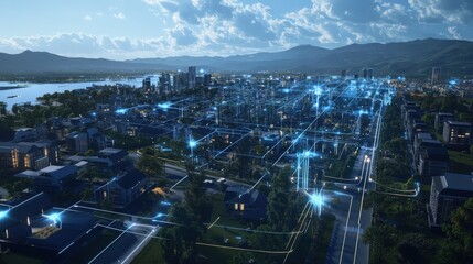A city powered by a smart energy distribution system, with real-time data showing how AI tools are optimizing power flow and ensuring efficient use of renewable energy sources