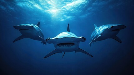 Fototapeta premium Group of hammerhead sharks swimming in the deep blue ocean