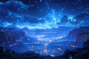 Canyon City Nightscape: Starry Sky Above Glowing Valley