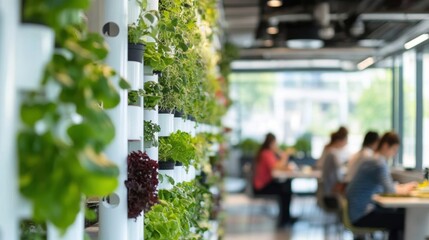 Modern urban farm inside an office building- with people eating lunch in the background while plants grow on white walls and green sustainable technology elements.