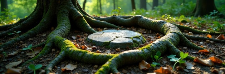 Twisted tree roots forming a circle around a stone grave, twisted, grave