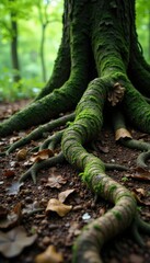Twisted tree roots snaking through forest floor, forest decay, fungi growth