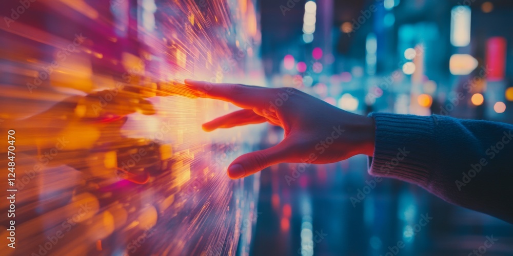 Aufkleber a hand reaches out to vibrant lights in a mesmerizing urban scene. this modern and dynamic image cap