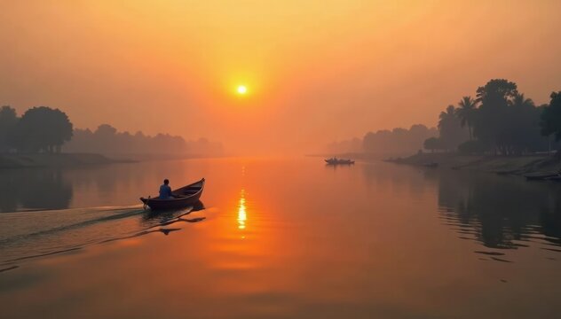 Varanasi's sun rises over a misty river with a boat, golden hour, river, ganges