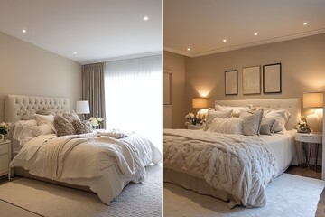  Side-by-side comparison of a modern and cozy bedroom, highlighting different lighting and decor styles. A representation of home improvement and interior transformation.