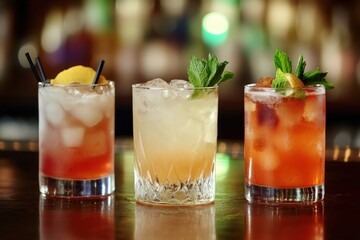 Refreshing cocktails with garnishes on bar counter