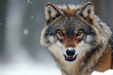 Fototapeta premium Majestic wolf staring intently in snowy forest