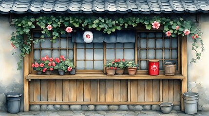 Fototapeta premium Tranquil Japanese storefront with flowers and window