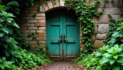 Ancient doors covered in vines and moss slowly creak open, slowly, open, decay