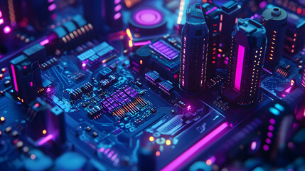 Obraz premium A futuristic circuit board in shades of purple and blue, with dynamic patterns and lights representing cutting-edge technology.