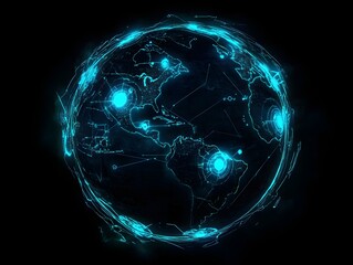Global network data flowing, futuristic earth, digital connections, dark background, tech presentation