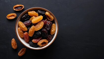 Fototapeta premium A bowl of dry dates sits on a black background, highlighting their rich texture and natural sweetness. The dried fruit is arranged neatly, offering a top-view perspective with ample free space for tex