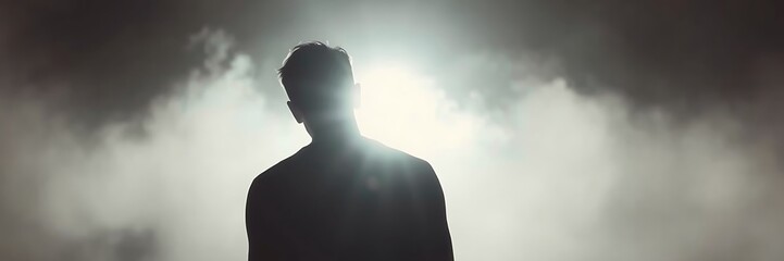 Generative AI Silhouette in Light: Contemplation silhouette man light backlit dark figure person bright fog smoke mystery introspection hope solitude contemplation  - Make impact.