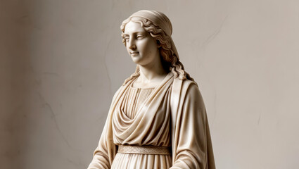 A detailed marble sculpture of a classical figure with intricate drapery and a headscarf, showcasing the elegance and craftsmanship of ancient art. Woman. Renaissance. 1