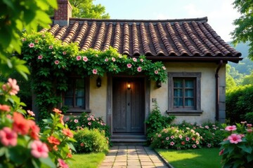 Fototapeta premium Ancient wooden tile roof with vines and flowers, flowers, natural