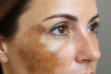  Close-up of a woman’s face with visible hyperpigmentation and skin discoloration. A dermatology-related image focusing on skincare concerns, beauty, and medical treatments.