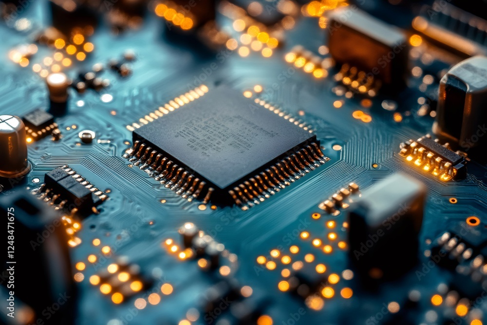 Aufkleber Microchip showing computing power on blue circuit board