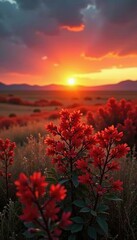 Backlit pyracantha coccinea on a vast open steppe with fiery hues of red and orange at sunrise over the grasslands, firebush, sunrises