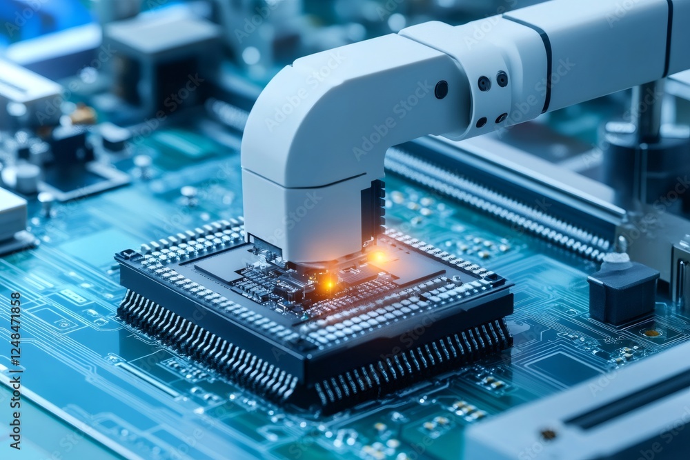 Fototapete robotic arm assembling microchip on circuit board