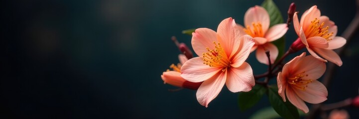 Fototapeta premium Delicate apricot blossoms on dark velvet background, petal details,