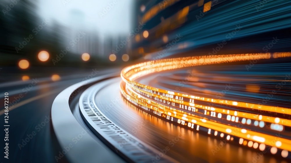 Poster futuristic concept depicting an abstract luminous optical fiber cable network and high tech telecomm