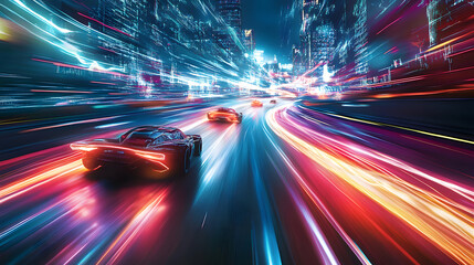 A vibrant, high-speed journey through a world of colorful lights and neon trails, symbolizing rapid movement through a sci-fi cityscape.