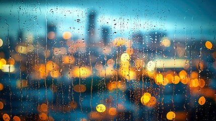 Obraz premium Rainy Night Cityscape: Captivating View Through a Rain-Streaked Window. Urban Lights Blurred by Falling Water Drops, Creating a Dreamy, Atmospheric Scene.