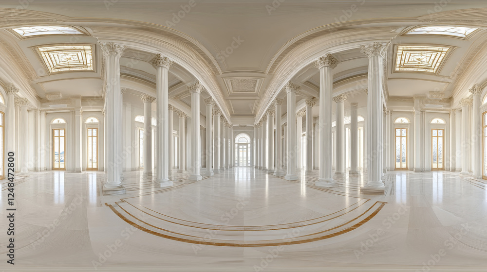 Poster full 360 degree panorama view environment map of empty white hall with columns 3d render illustratio