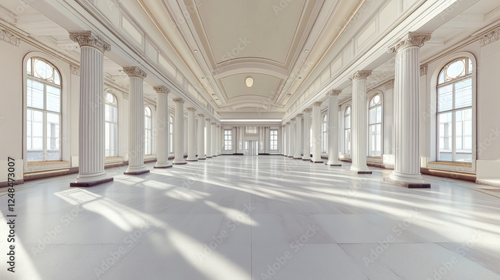 Poster full 360 degree panorama view environment map of empty white hall with columns 3d render illustratio
