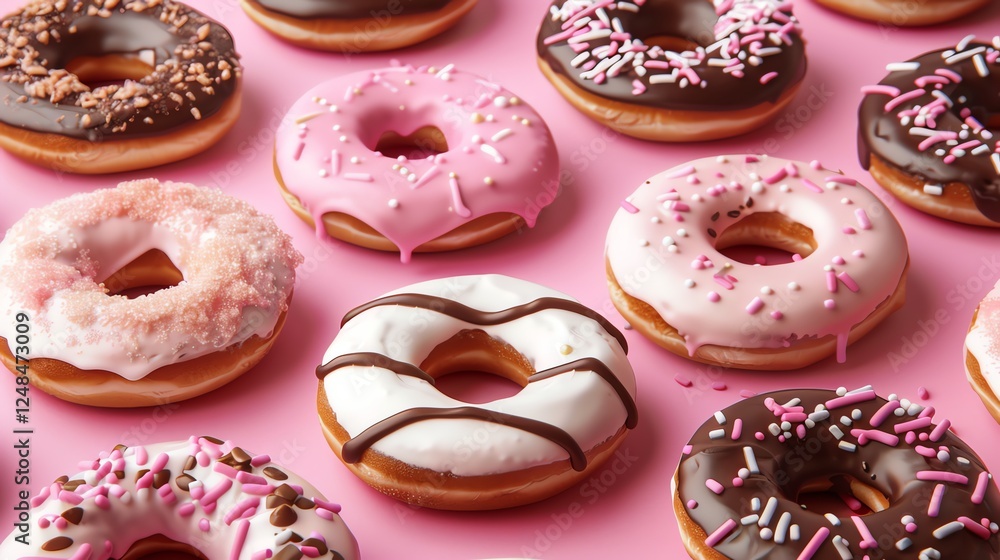 Poster an assortment of colorful donuts with different toppings arranged on a pink background.