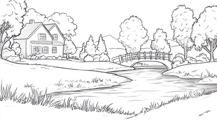House by river, bridge, trees, idyllic landscape, coloring book page