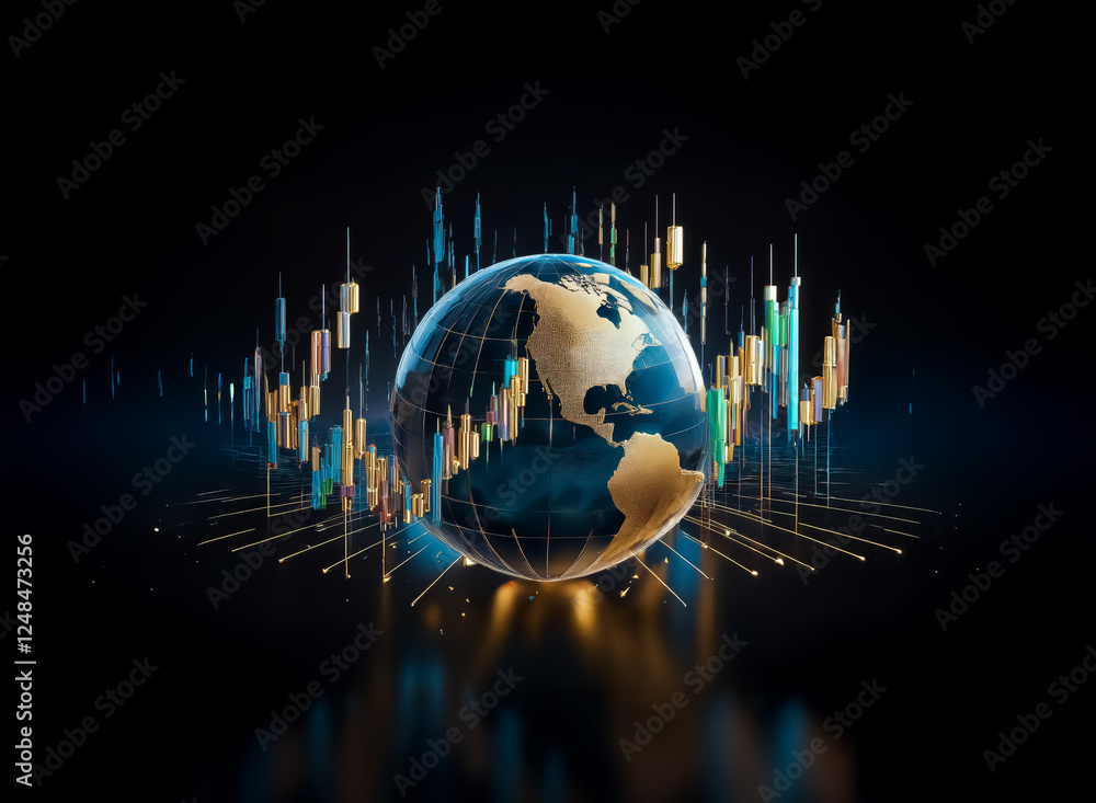 Aufkleber a double exposure image of a globe overlaid with financial charts against a dark background, creatin