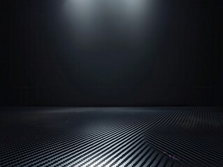 Dark studio background with carbon fiber texture floor and spotlight.