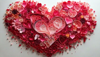 A large central heart surrounded by smaller quilled hearts in various shades of pink.