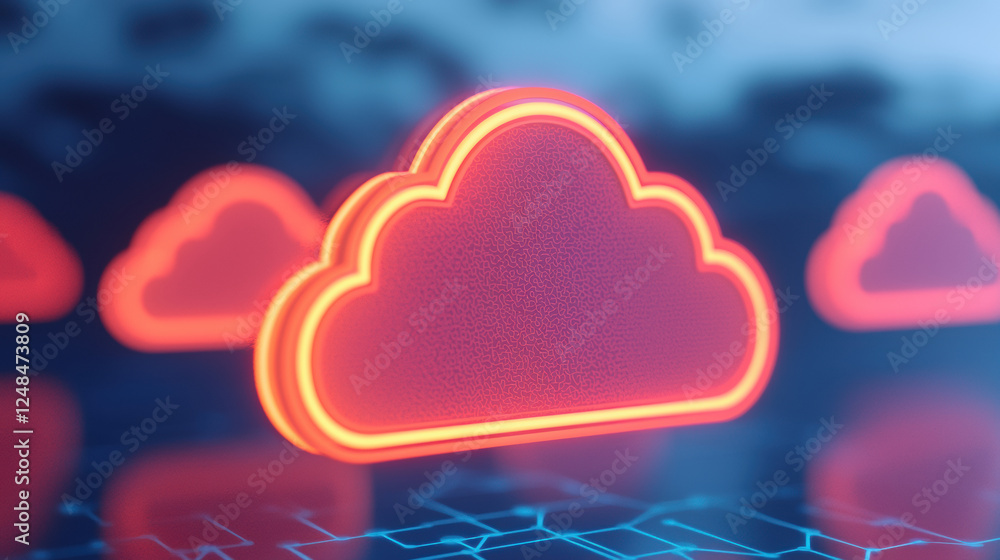 Poster abstract glowing cloud icons connected to network, representing digital technology and data storage.