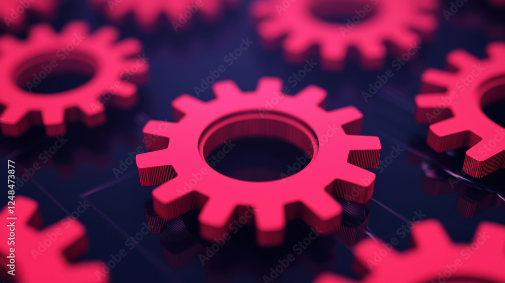 Poster abstract glowing gears in vibrant red color, symbolizing digital transformation and innovation. intr