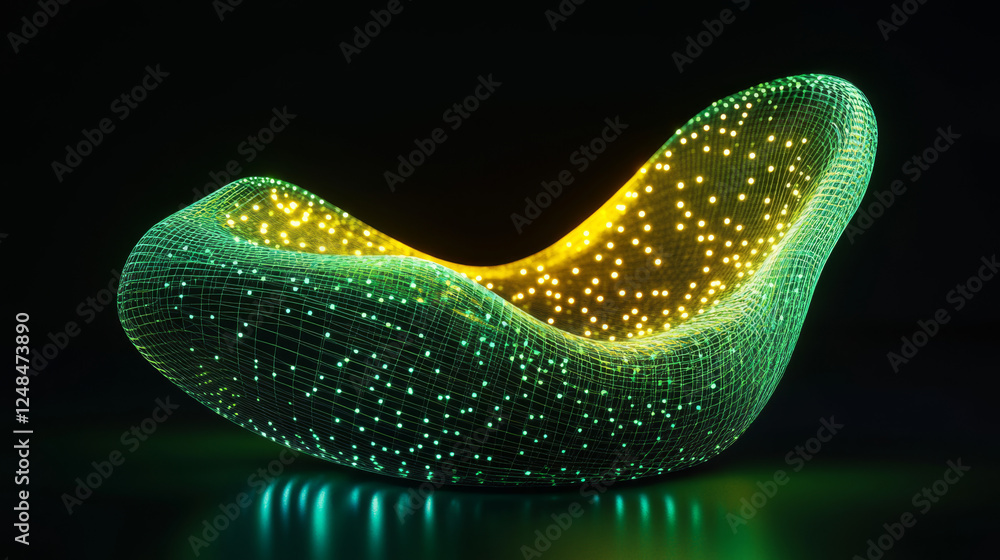 Poster data technology abstract futuristic green and yellow low poly shape glowing wire mesh surface on dar