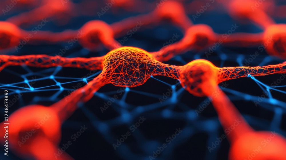 Poster abstract image of glowing neural network with interconnected nodes, showcasing vibrant red and blue 