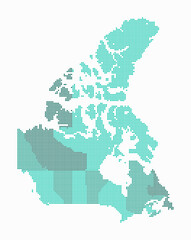 Canada dotted map. Digital style map of the country on white background. Canada shape with square dots. Colored dots style. Small size squares. Vibrant vector illustration.