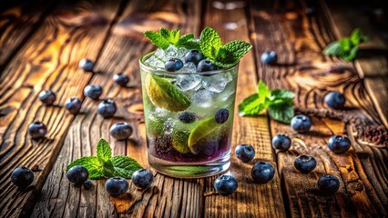 Fototapeta premium Refreshing Blueberry Mint Cooler with Ice Cubes on Rustic Wooden Table
