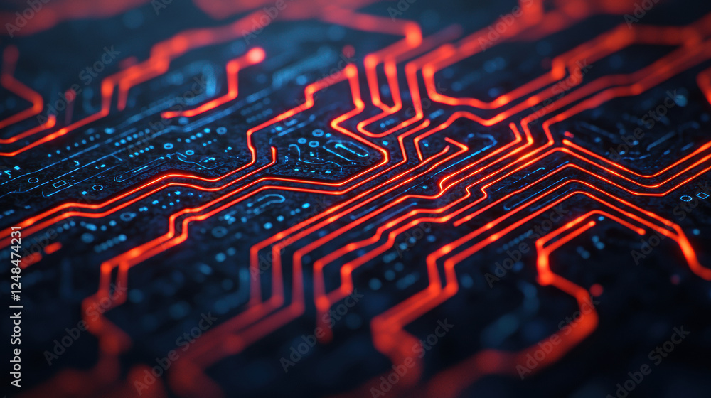 Poster abstract circuit board design with glowing red lines and blue accents, showcasing intricate connecti