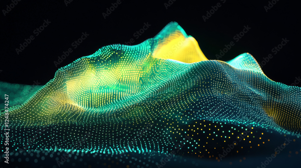 Poster data technology abstract futuristic green and yellow low poly shape glowing wire mesh surface on dar