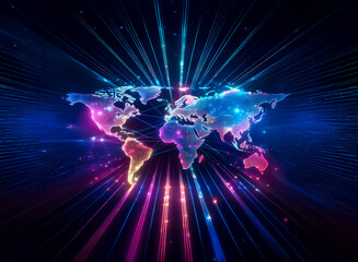 Double exposure of a vibrant world map with radiant lines emanating outwards. The continents glow in pink, blue, and yellow, creating a digital and futuristic feel.