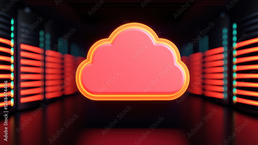 Poster glowing cloud symbol in futuristic data center with red lights, representing digital storage and tec