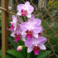 Obraz premium Delicate pink and white orchids blooming on a trellis, garden, botanical, orchids