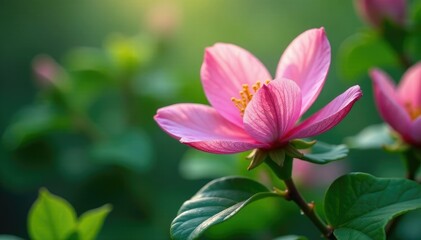 Fototapeta premium Delicate pink blossom petals unfolding against emerald green foliage with dew drops, greenery, blooming