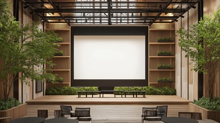 stage set up for an event or presentation. The stage is made of wood and has a large screen in the center. The screen is black and is surrounded by a metal frame with vertical bars