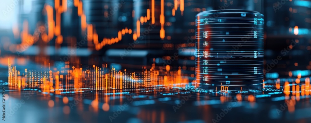 Poster futuristic and dynamic graphs charts and data visualizations in shades of orange red and blue depict