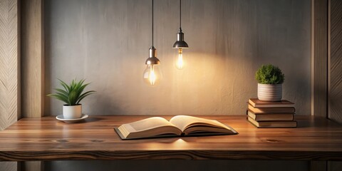 Serene Evening Study Space with Warm Lighting and Open Book on Wooden Desk
