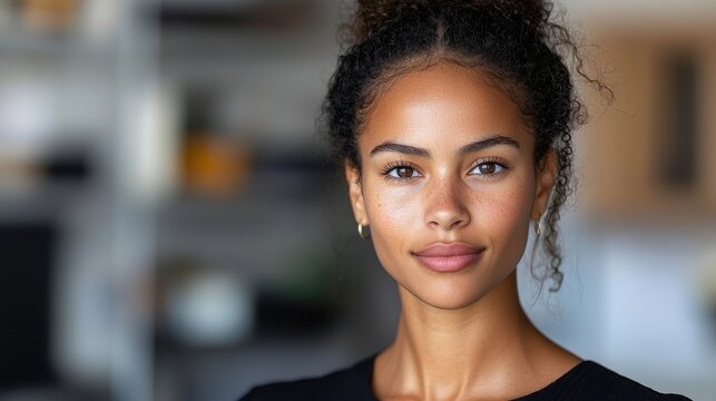 Confident and poised young African American businesswoman standing in a studio setting wearing a formal suit and looking directly at the with a professional career oriented demeanor